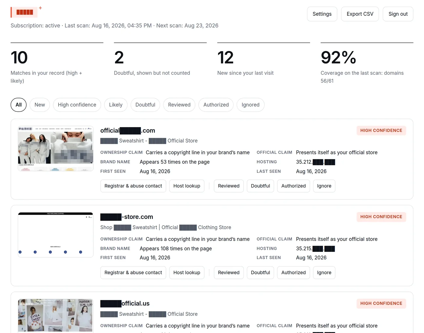 RIHTAN results page: ten matches in the record, each with its capture, grade and hosting details, brand name redacted